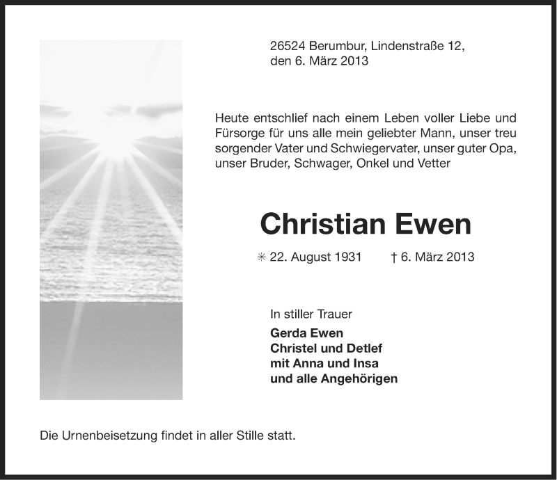  Traueranzeige für Christian Ewen vom 08.03.2013 aus Ostfriesischer Kurier