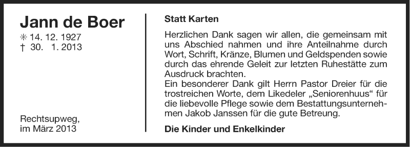  Traueranzeige für Jann de Boer vom 09.03.2013 aus Ostfriesischer Kurier