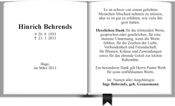 Traueranzeige von Hinrich Behrends von Ostfriesischer Kurier