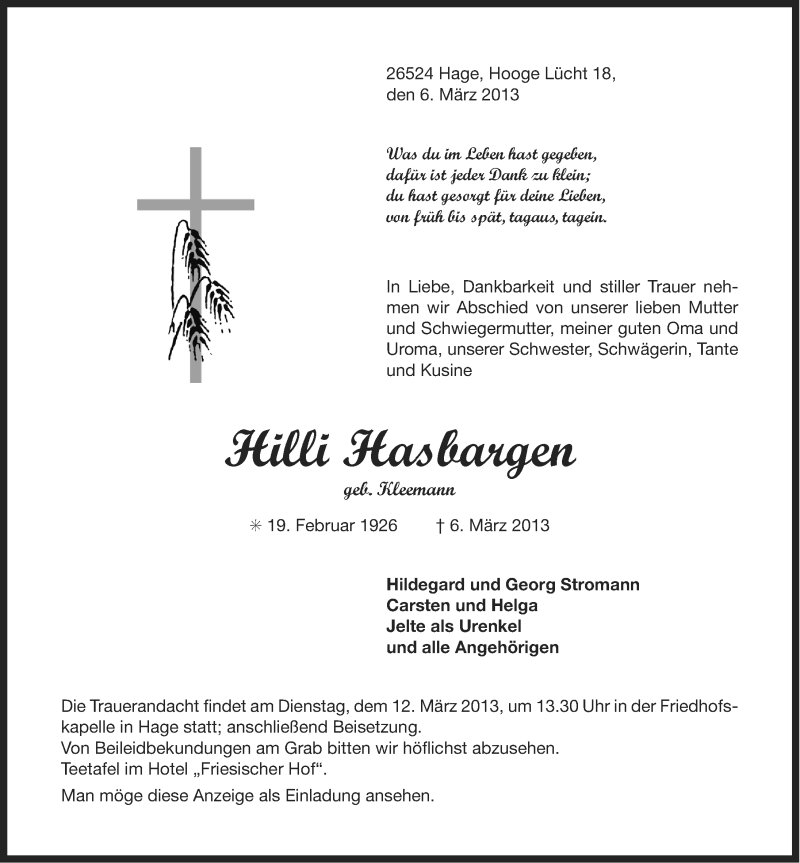  Traueranzeige für Hilli Hasbargen vom 08.03.2013 aus Ostfriesischer Kurier