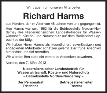 Traueranzeige von Richard Harms von Ostfriesischer Kurier