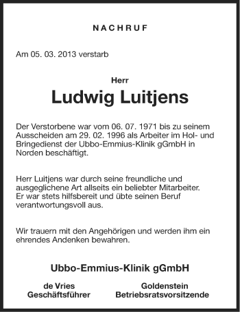 Traueranzeige von Ludwig Luitjens von Ostfriesischer Kurier