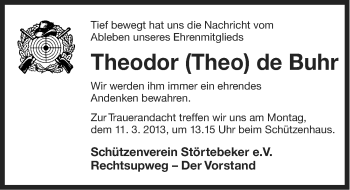 Traueranzeige von Theodor de Buhr von Ostfriesischer Kurier
