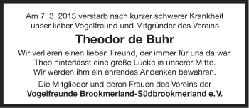 Traueranzeige von Theodor de Buhr von Ostfriesischer Kurier