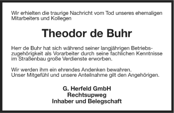 Traueranzeige von Theodor de Buhr von Ostfriesischer Kurier