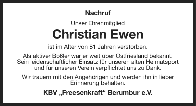  Traueranzeige für Christian Ewen vom 09.03.2013 aus Ostfriesischer Kurier