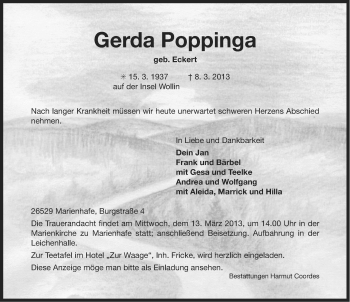 Traueranzeige von Gerda Poppinga von Ostfriesischer Kurier