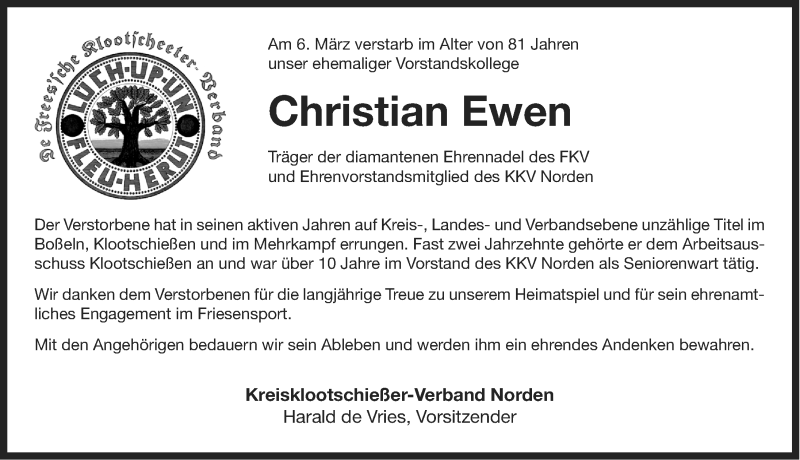  Traueranzeige für Christian Ewen vom 12.03.2013 aus Ostfriesischer Kurier