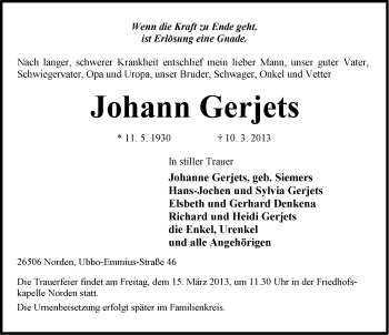 Traueranzeige von Johann Gerjets von Ostfriesischer Kurier
