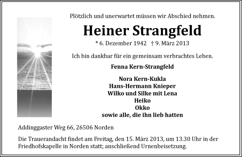  Traueranzeige für Heiner Strangfeld vom 12.03.2013 aus Ostfriesischer Kurier