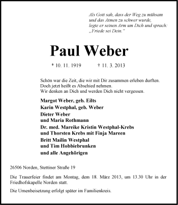 Traueranzeige von Paul Weber von Ostfriesischer Kurier