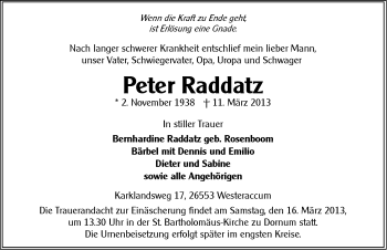Traueranzeige von Peter Raddatz von Ostfriesischer Kurier