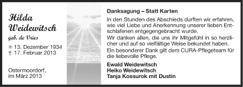 Traueranzeige von Hilda Weidewitsch von Ostfriesischer Kurier