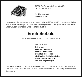 Traueranzeige von Erich Siebels von Ostfriesischer Kurier