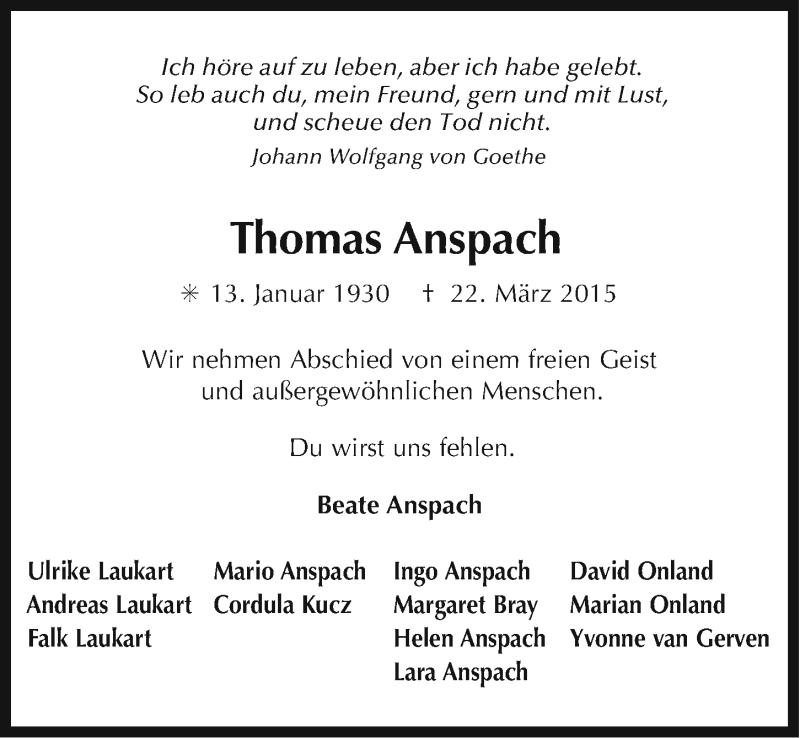  Traueranzeige für Thomas Anspach vom 28.03.2015 aus Ostfriesischer Kurier