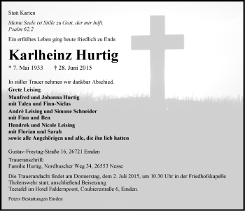 Traueranzeige von Karlheinz Hurtig 