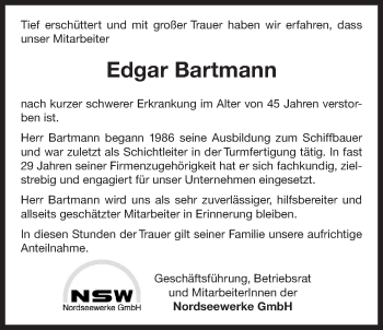 Traueranzeige von Edgar Bartmann 