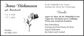 Traueranzeige von Irma Diekmann von Ostfriesischer Kurier