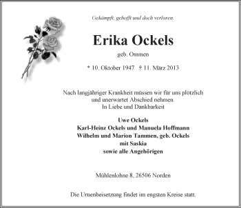 Traueranzeige von Erika Ockels von Ostfriesischer Kurier