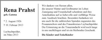 Traueranzeige von Rena Prahst von Ostfriesischer Kurier