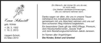 Traueranzeige von Erna Schmidt von Ostfriesischer Kurier