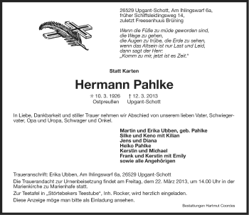 Traueranzeige von Hermann Pahlke von Ostfriesischer Kurier