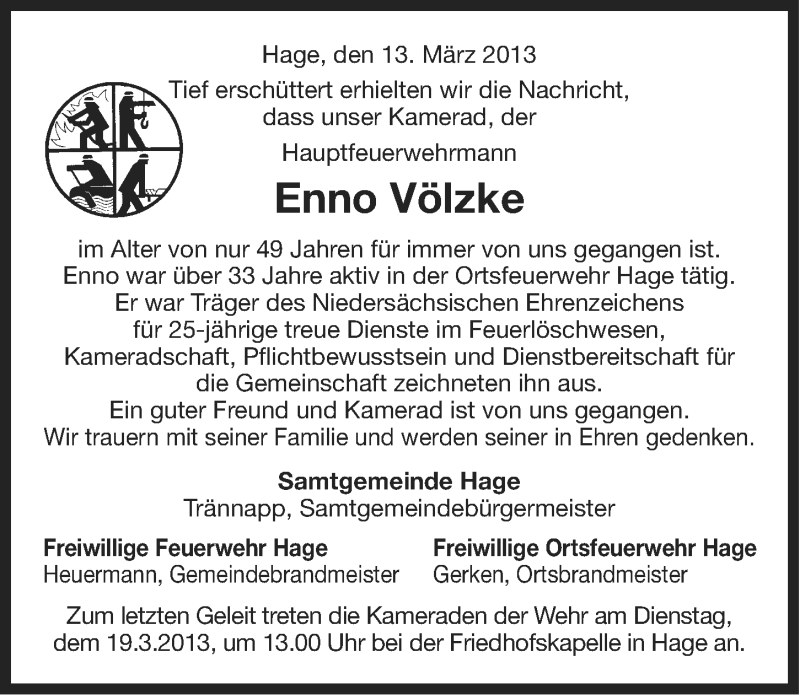  Traueranzeige für Enno Völzke vom 16.03.2013 aus Ostfriesischer Kurier