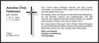 Traueranzeige von Arentine Feldmann von Ostfriesischer Kurier