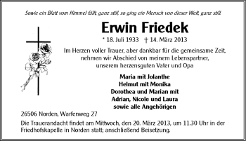 Traueranzeige von Erwin Friedek von Ostfriesischer Kurier
