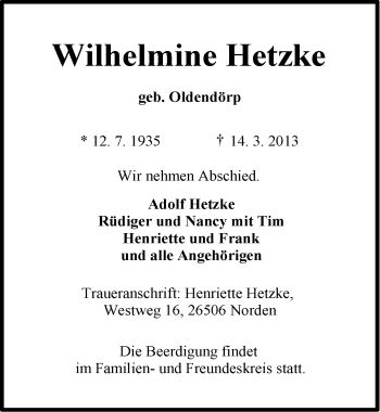 Traueranzeige von Wilhelmine Hetzke von Ostfriesischer Kurier
