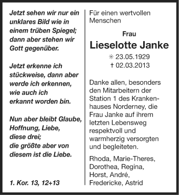 Traueranzeige von Lieselotte Janke von Ostfriesischer Kurier