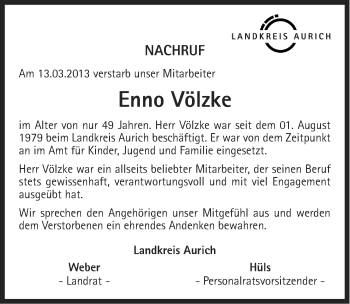 Traueranzeige von Enno Völzke von Ostfriesischer Kurier