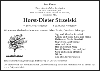 Traueranzeige von Horst-Dieter Strzelski von Ostfriesischer Kurier