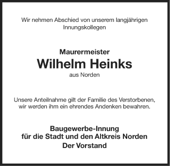 Traueranzeige von Wilhelm Heinks von Ostfriesischer Kurier