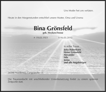 Traueranzeige von Bina Grönsfeld von Ostfriesischer Kurier
