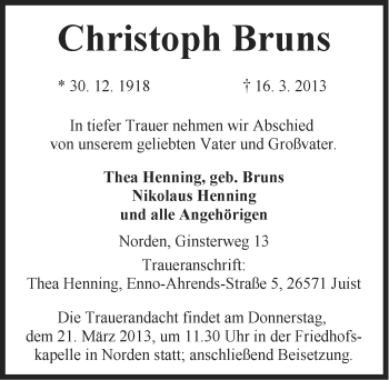 Traueranzeige von Christoph Bruns von Ostfriesischer Kurier