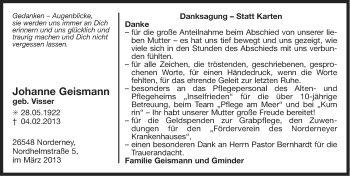 Traueranzeige von Johanne Geismann von Ostfriesischer Kurier