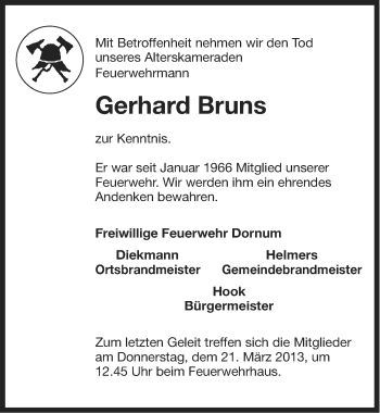 Traueranzeige von Gerhard Bruns von Ostfriesischer Kurier