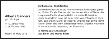 Traueranzeige von Alberta Sanders von Ostfriesischer Kurier