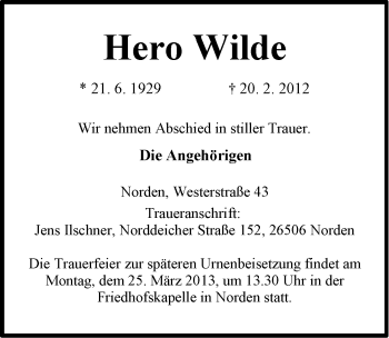 Traueranzeige von Hero Wilde von Ostfriesischer Kurier