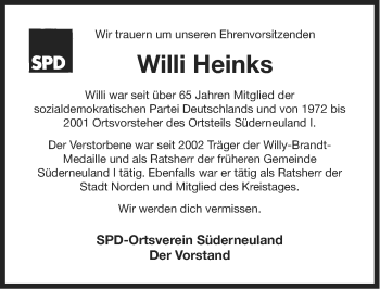 Traueranzeige von Willi Heinks von Ostfriesischer Kurier