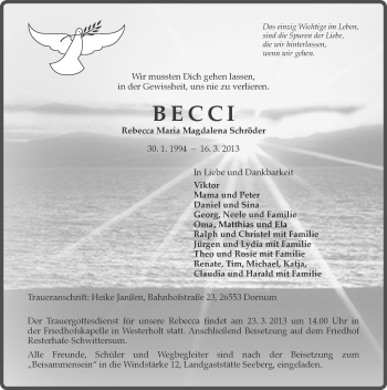 Traueranzeige von Rebecca Maria Magdalena Schröder von Ostfriesischer Kurier
