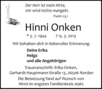 Traueranzeige von Hinni Onken von Ostfriesischer Kurier
