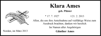 Traueranzeige von Klara Ames von Ostfriesischer Kurier