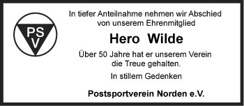 Traueranzeige von Hero Wilde von Ostfriesischer Kurier