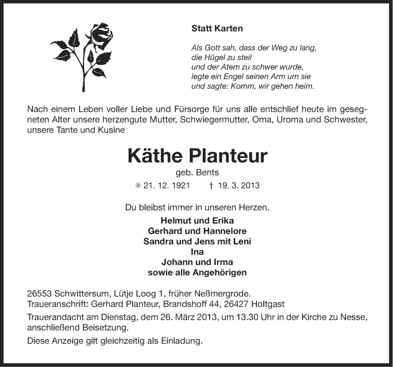  Traueranzeige für Käthe Planteur vom 21.03.2013 aus Ostfriesischer Kurier