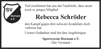 Traueranzeige von Rebecca Schröder von Ostfriesischer Kurier