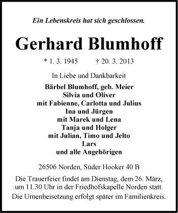 Traueranzeige von Gerhard Blumhoff von Ostfriesischer Kurier