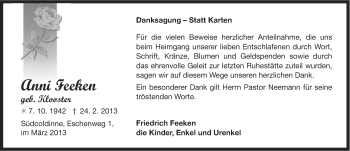 Traueranzeige von Anni Feeken von Ostfriesischer Kurier