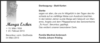 Traueranzeige von Marga Escher von Ostfriesischer Kurier